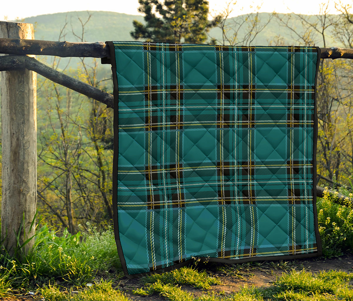 Teal Stewart Tartan Pattern Print Quilt
