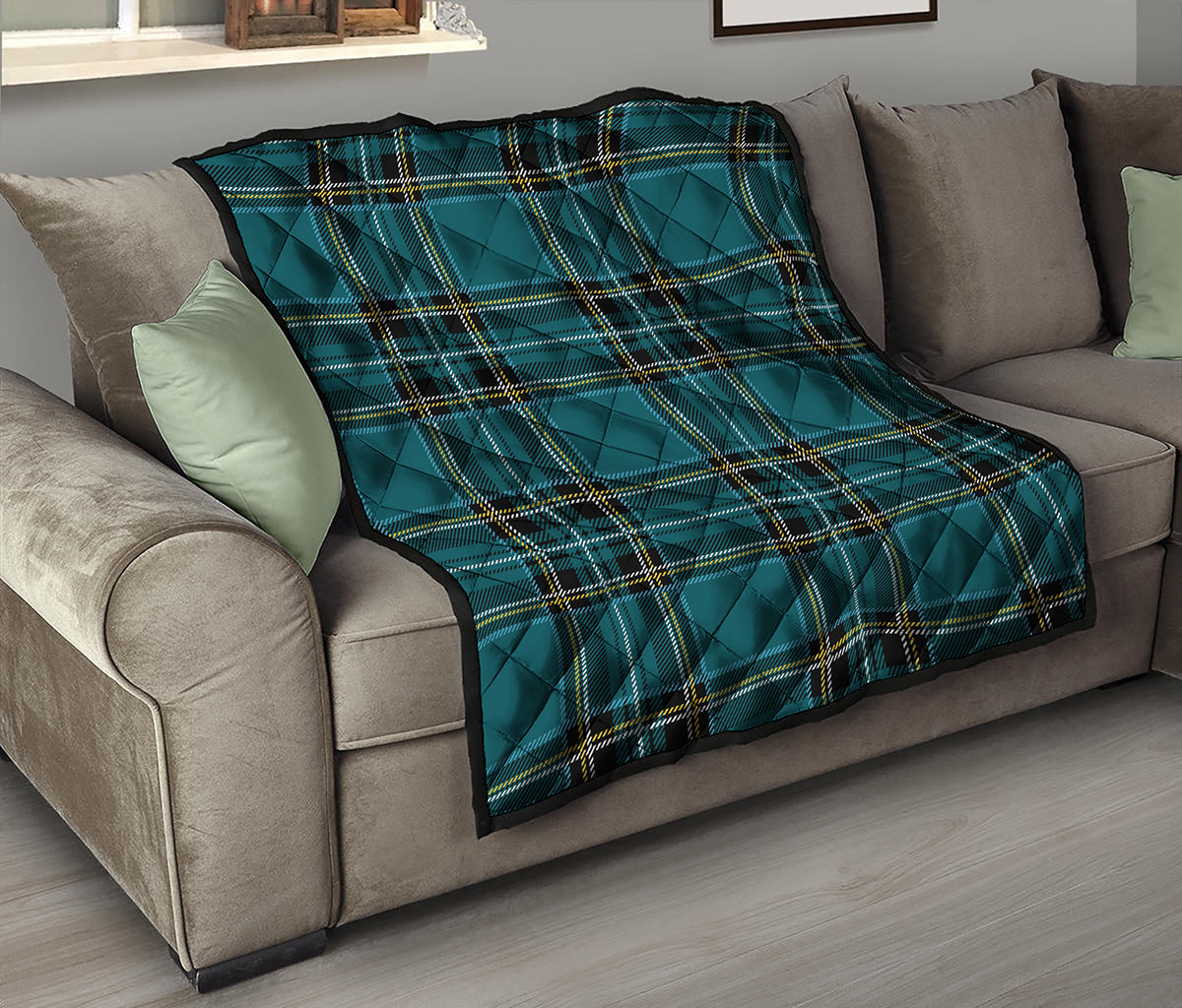 Teal Stewart Tartan Pattern Print Quilt