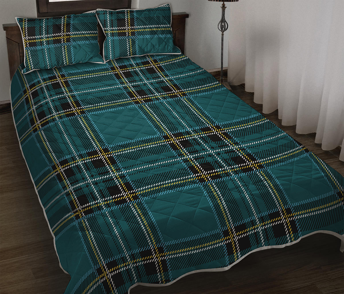Teal Stewart Tartan Pattern Print Quilt Bed Set