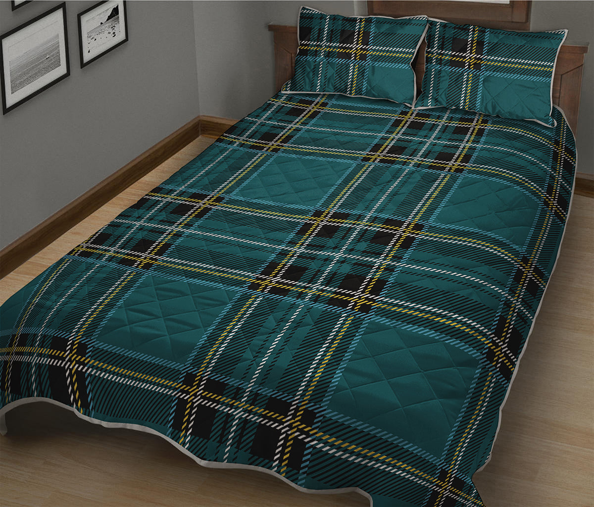 Teal Stewart Tartan Pattern Print Quilt Bed Set