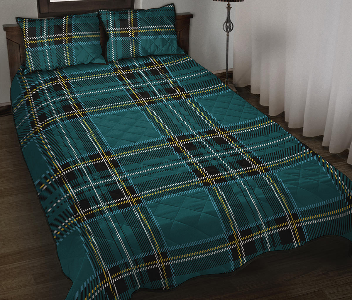 Teal Stewart Tartan Pattern Print Quilt Bed Set