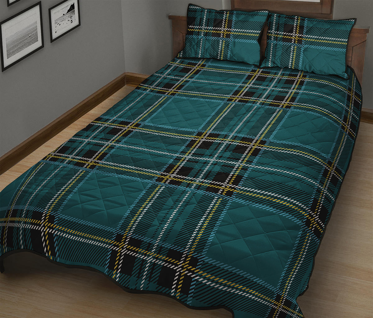 Teal Stewart Tartan Pattern Print Quilt Bed Set