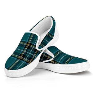 Teal Stewart Tartan Pattern Print White Slip On Shoes