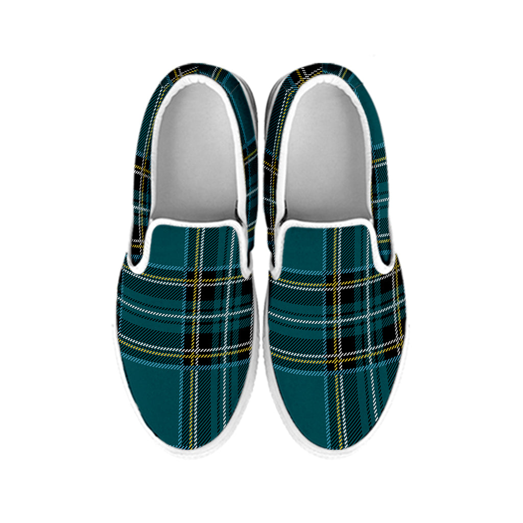 Teal Stewart Tartan Pattern Print White Slip On Shoes