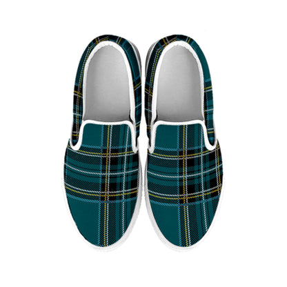 Teal Stewart Tartan Pattern Print White Slip On Shoes