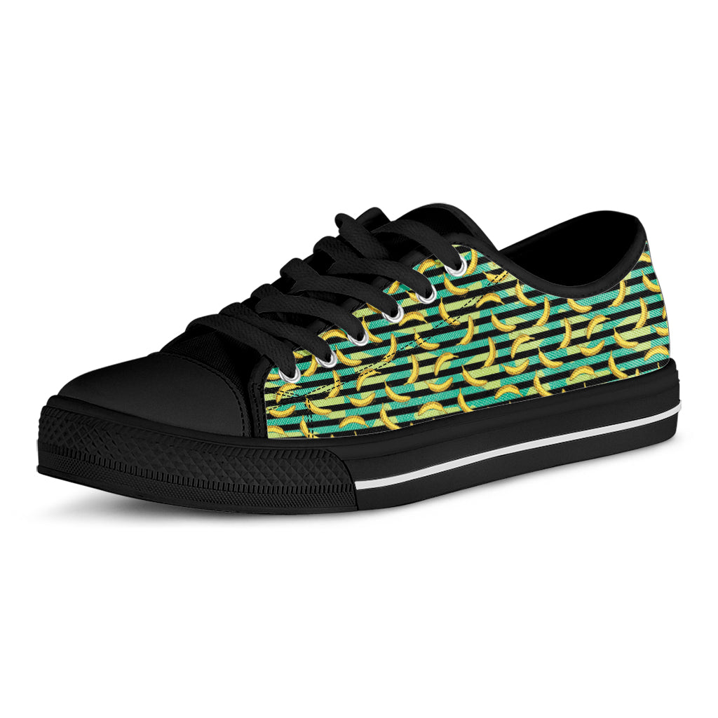 Teal Striped Banana Pattern Print Black Low Top Shoes