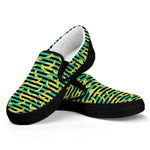 Teal Striped Banana Pattern Print Black Slip On Shoes