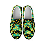 Teal Striped Banana Pattern Print Black Slip On Shoes