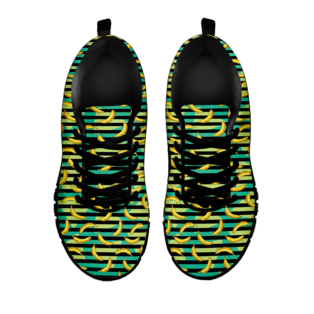 Teal Striped Banana Pattern Print Black Sneakers