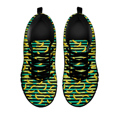 Teal Striped Banana Pattern Print Black Sneakers