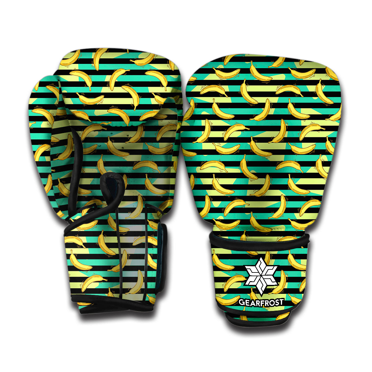 Teal Striped Banana Pattern Print Boxing Gloves