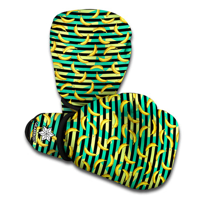 Teal Striped Banana Pattern Print Boxing Gloves