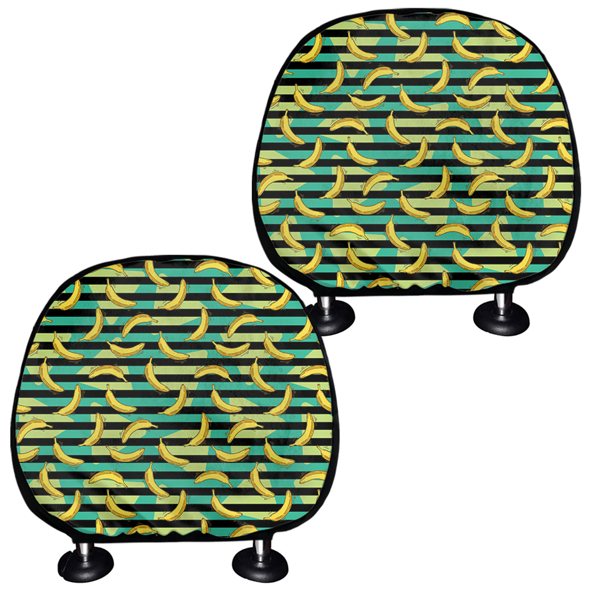 Teal Striped Banana Pattern Print Car Headrest Covers