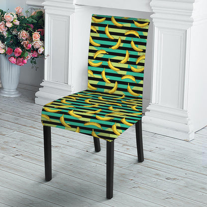 Teal Striped Banana Pattern Print Dining Chair Slipcover