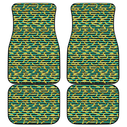 Teal Striped Banana Pattern Print Front and Back Car Floor Mats