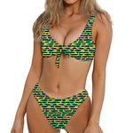 Teal Striped Banana Pattern Print Front Bow Tie Bikini