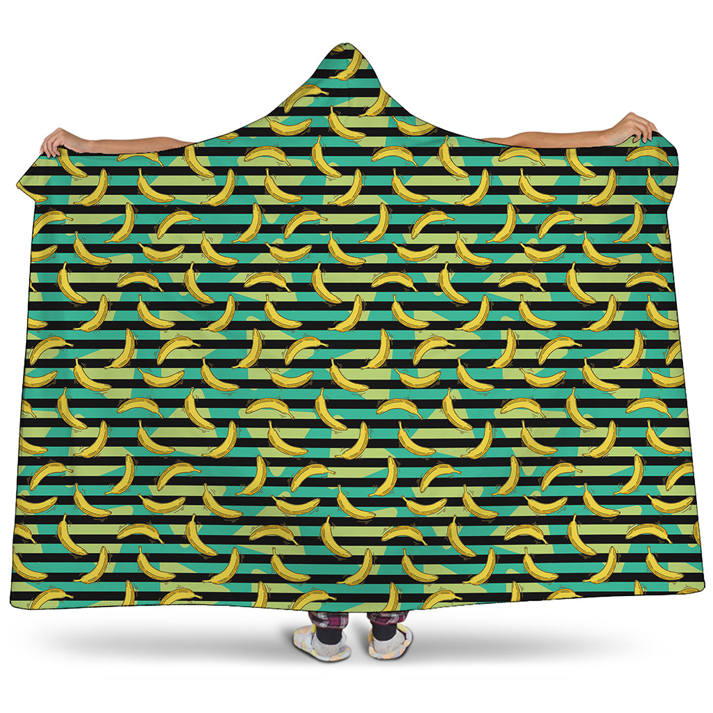 Teal Striped Banana Pattern Print Hooded Blanket