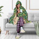 Teal Striped Banana Pattern Print Hooded Blanket