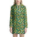 Teal Striped Banana Pattern Print Pullover Hoodie Dress