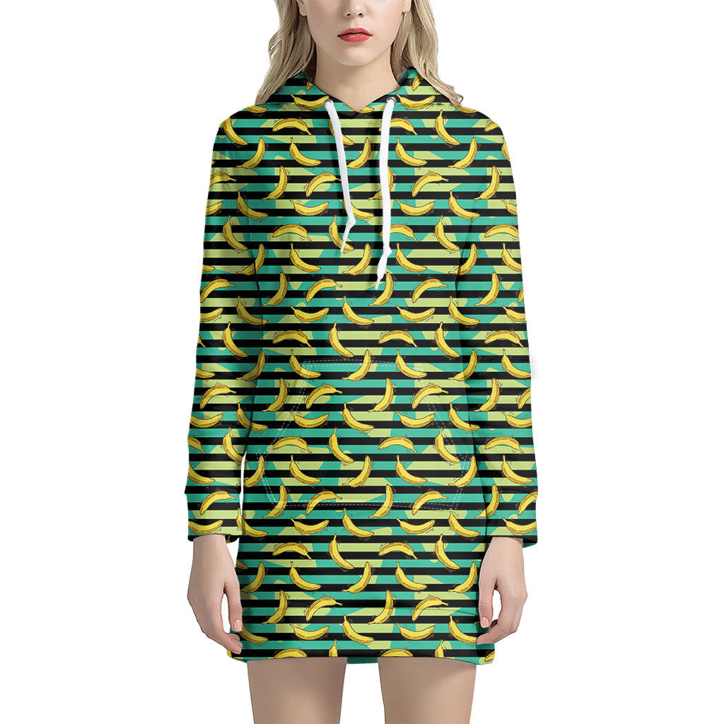 Teal Striped Banana Pattern Print Hoodie Dress