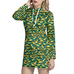 Teal Striped Banana Pattern Print Hoodie Dress