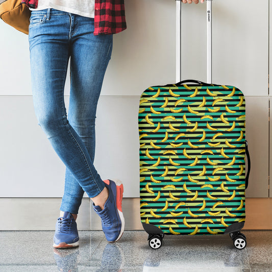 Teal Striped Banana Pattern Print Luggage Cover