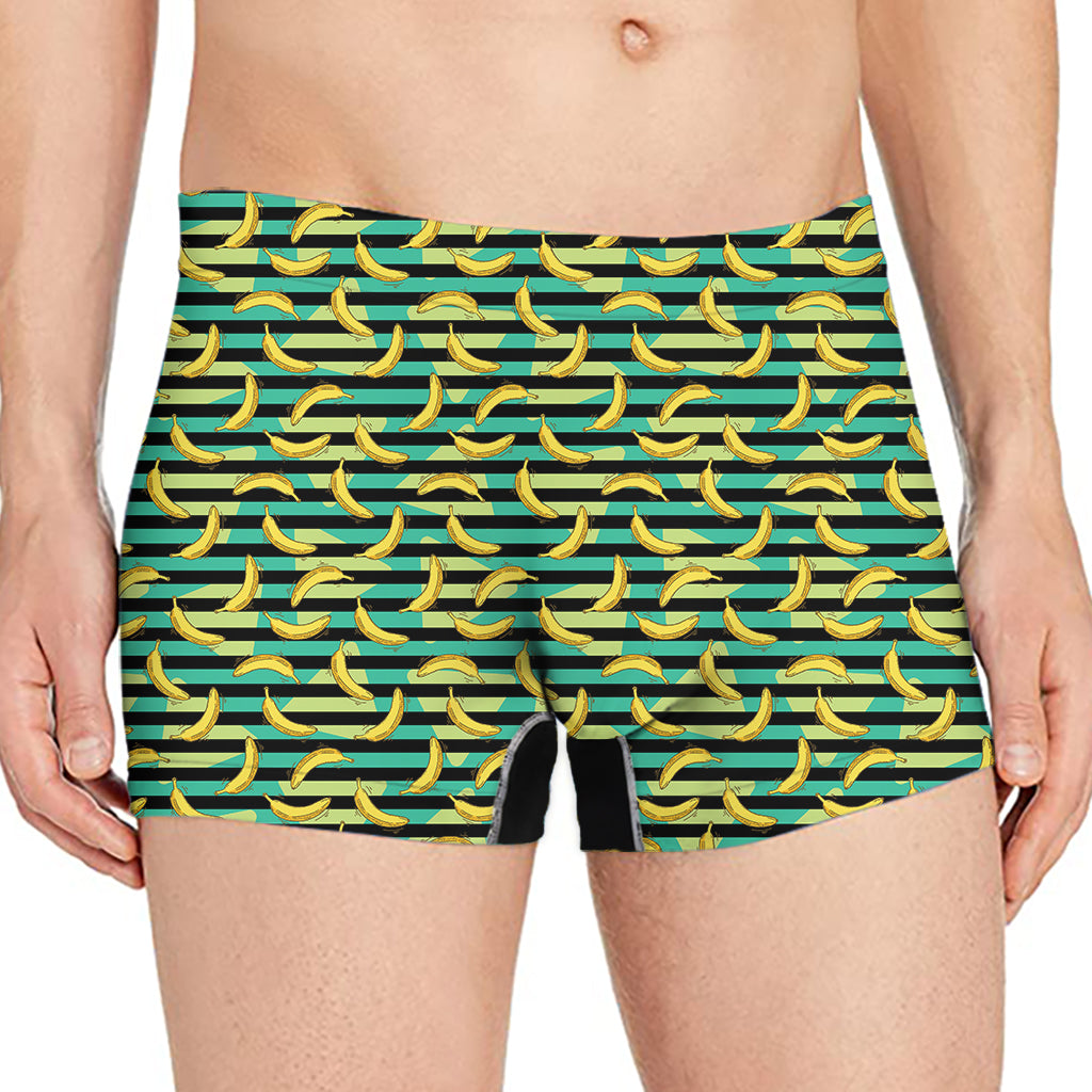Teal Striped Banana Pattern Print Men's Boxer Briefs