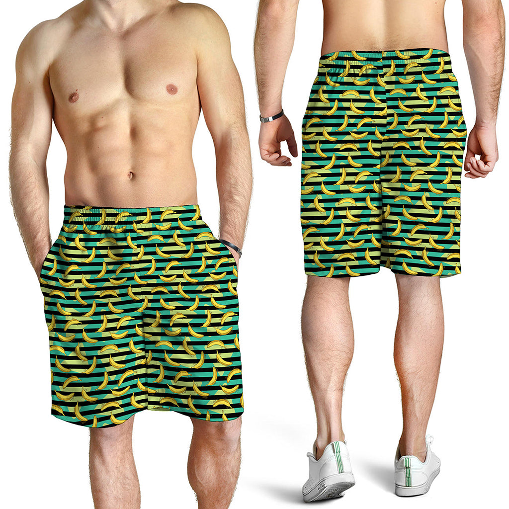 Teal Striped Banana Pattern Print Men's Shorts