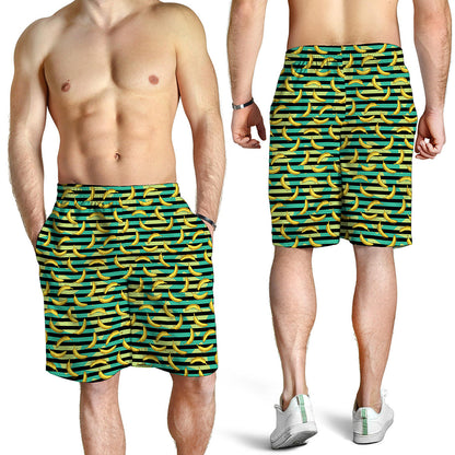 Teal Striped Banana Pattern Print Men's Shorts