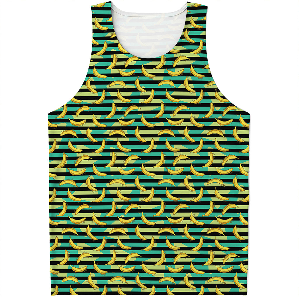 Teal Striped Banana Pattern Print Men's Tank Top