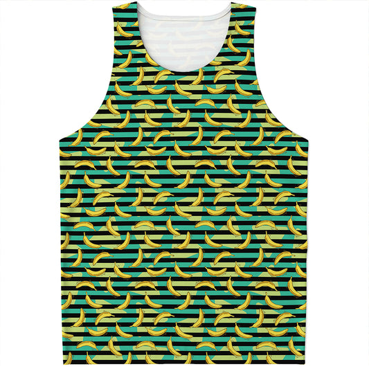 Teal Striped Banana Pattern Print Men's Tank Top