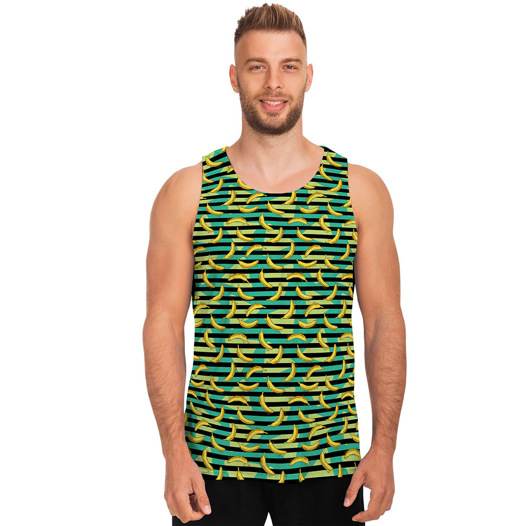 Teal Striped Banana Pattern Print Men's Tank Top