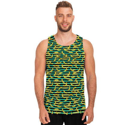 Teal Striped Banana Pattern Print Men's Tank Top