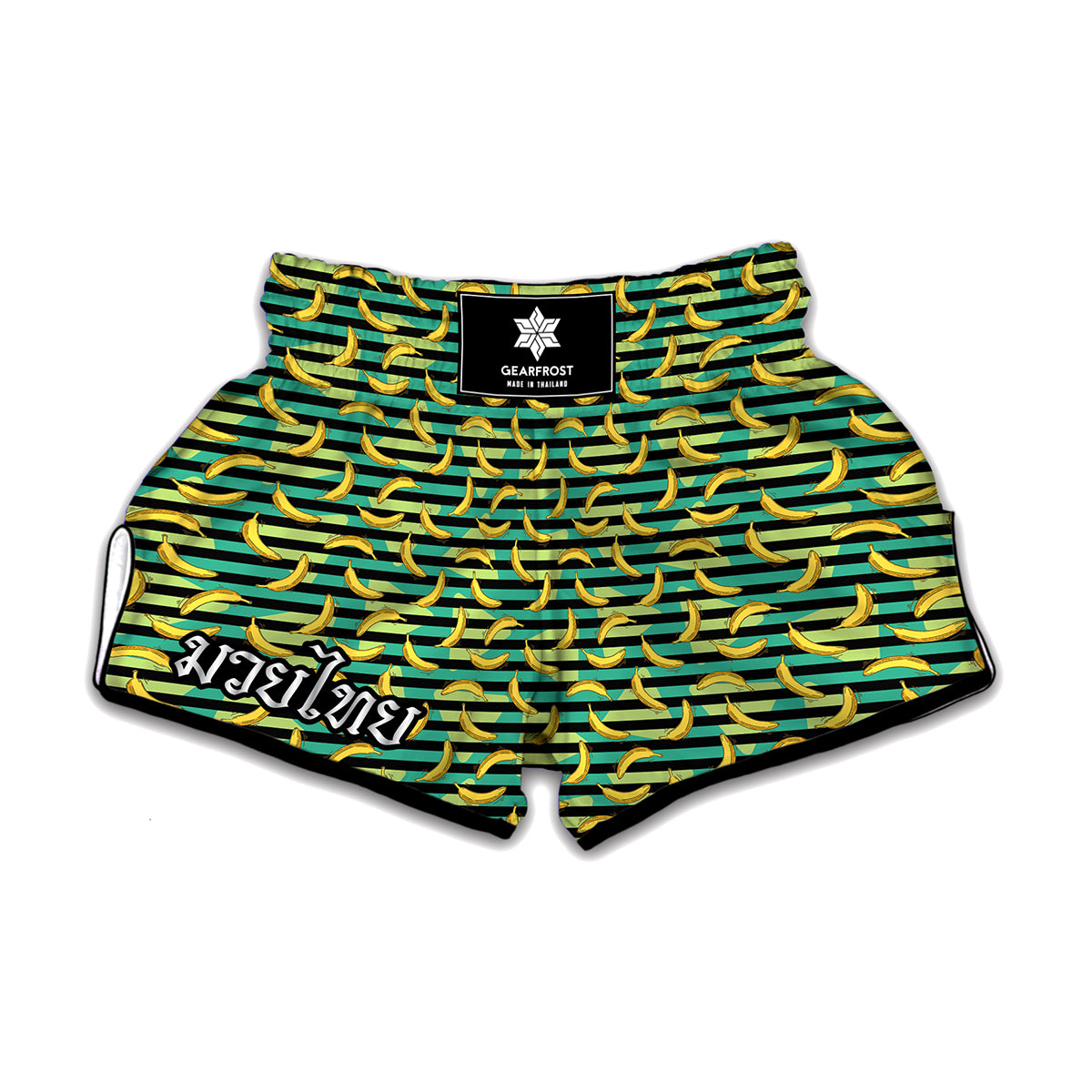 Teal Striped Banana Pattern Print Muay Thai Boxing Shorts