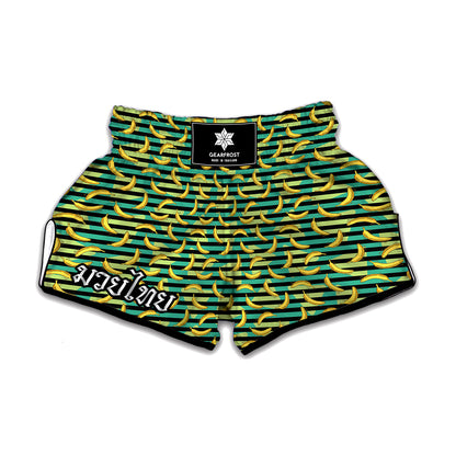 Teal Striped Banana Pattern Print Muay Thai Boxing Shorts