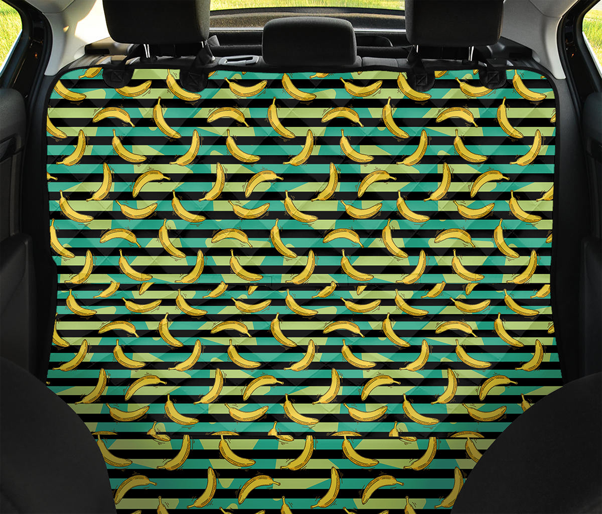 Teal Striped Banana Pattern Print Pet Car Back Seat Cover