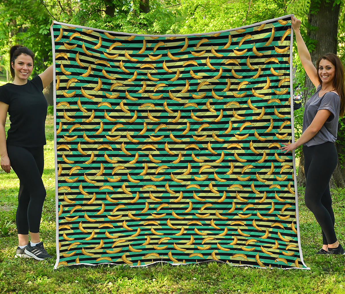 Teal Striped Banana Pattern Print Quilt