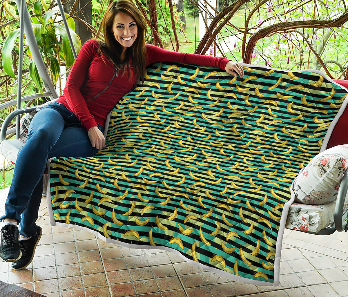 Teal Striped Banana Pattern Print Quilt