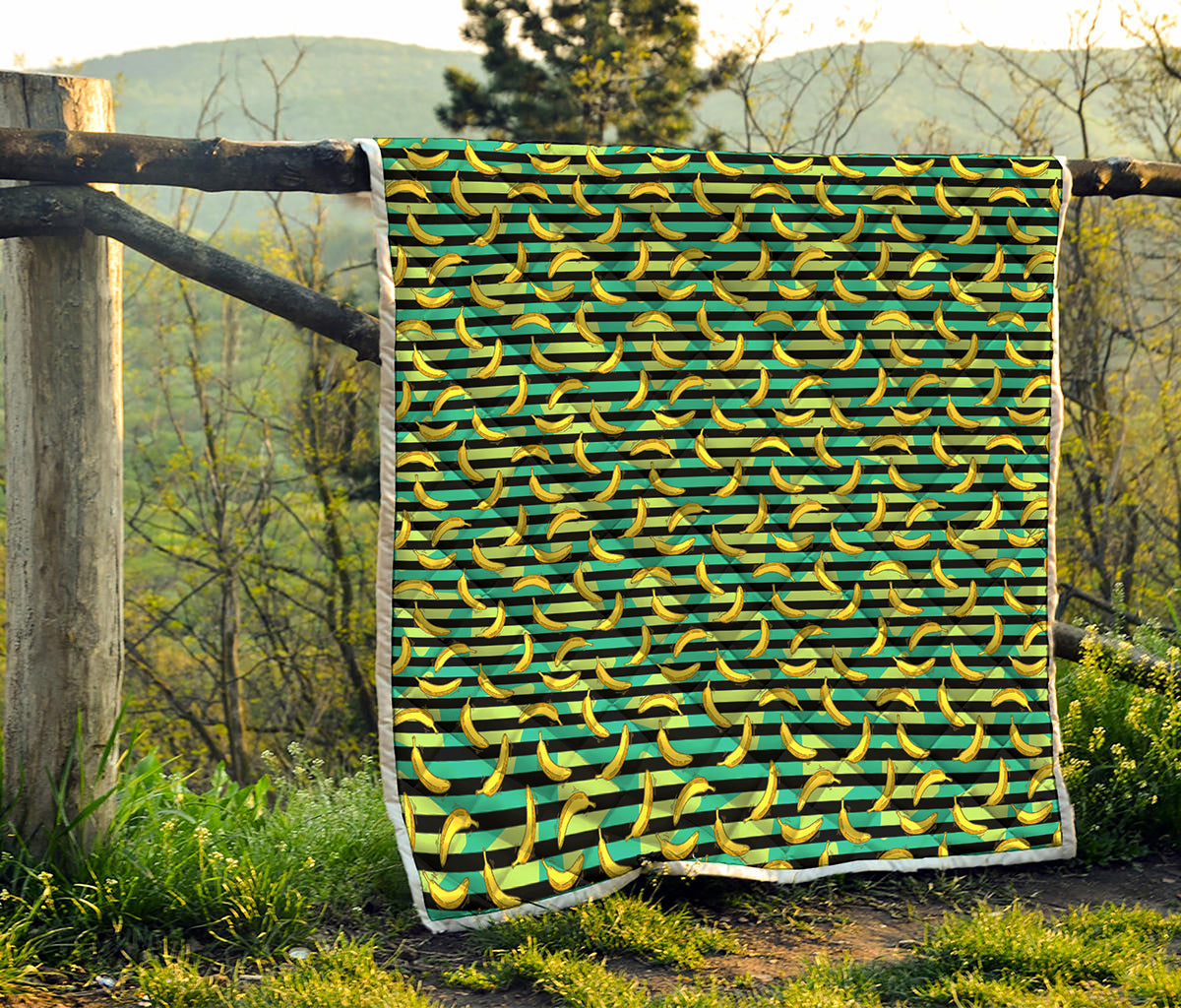 Teal Striped Banana Pattern Print Quilt