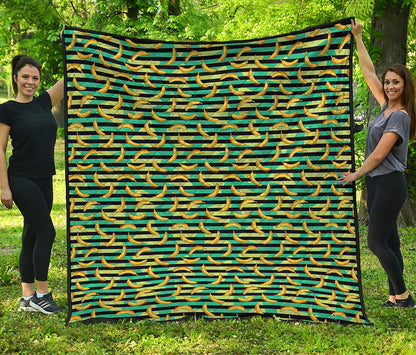 Teal Striped Banana Pattern Print Quilt