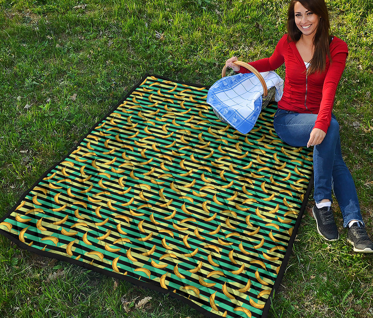 Teal Striped Banana Pattern Print Quilt