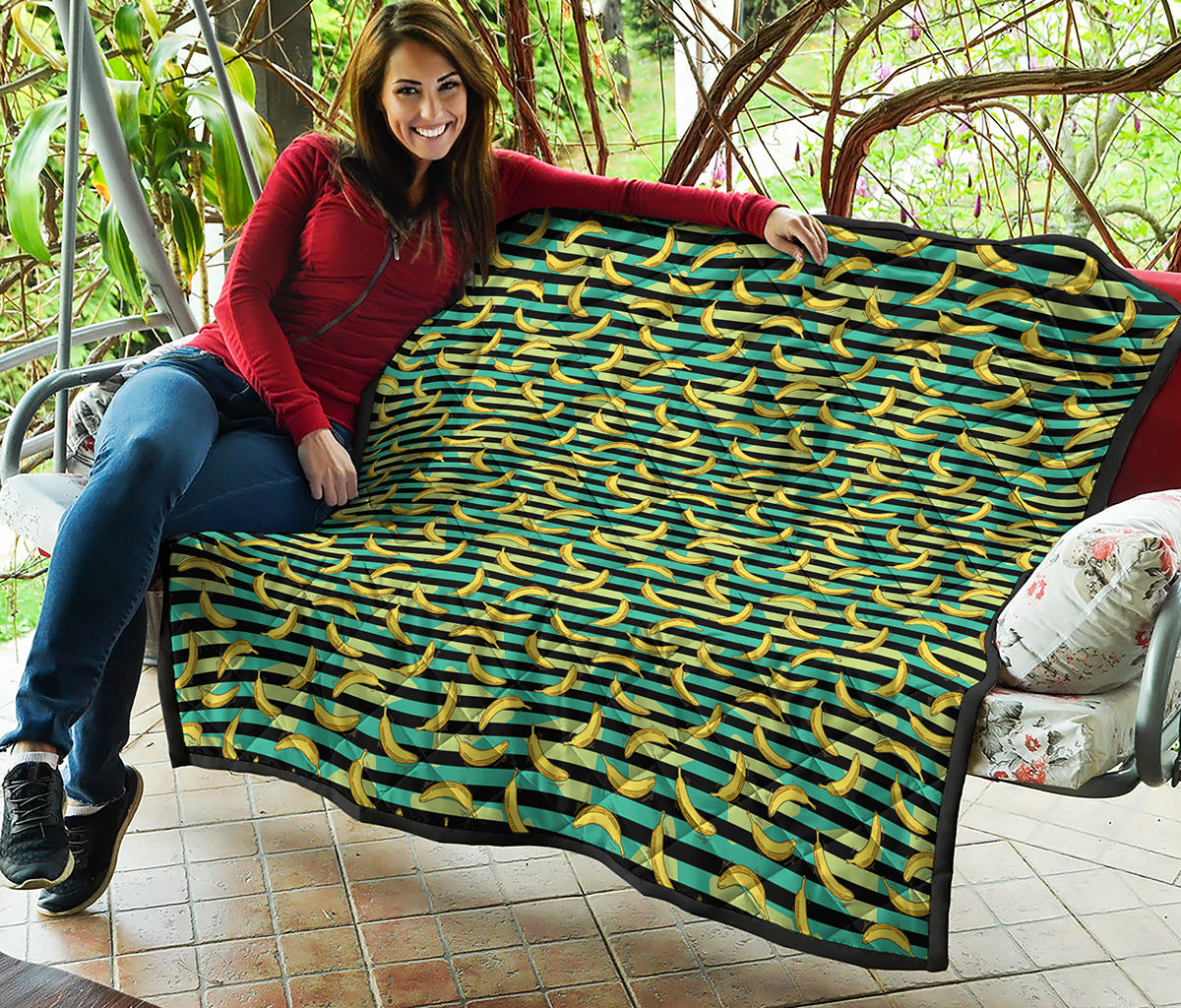 Teal Striped Banana Pattern Print Quilt