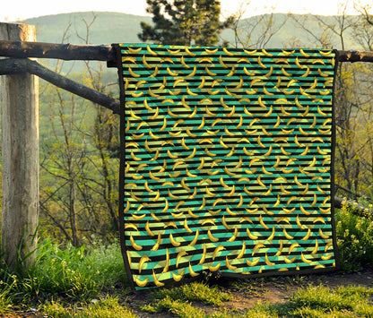 Teal Striped Banana Pattern Print Quilt