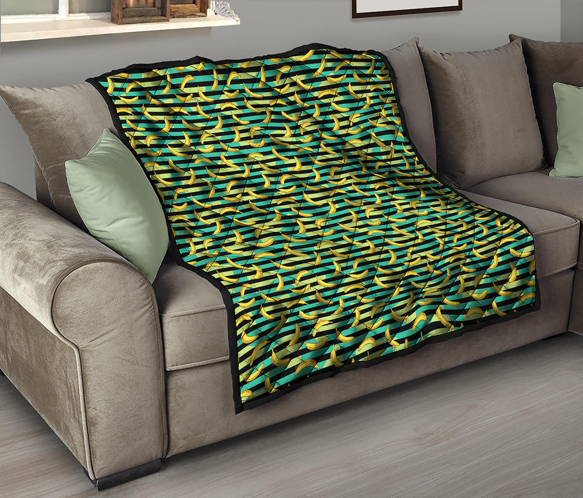 Teal Striped Banana Pattern Print Quilt