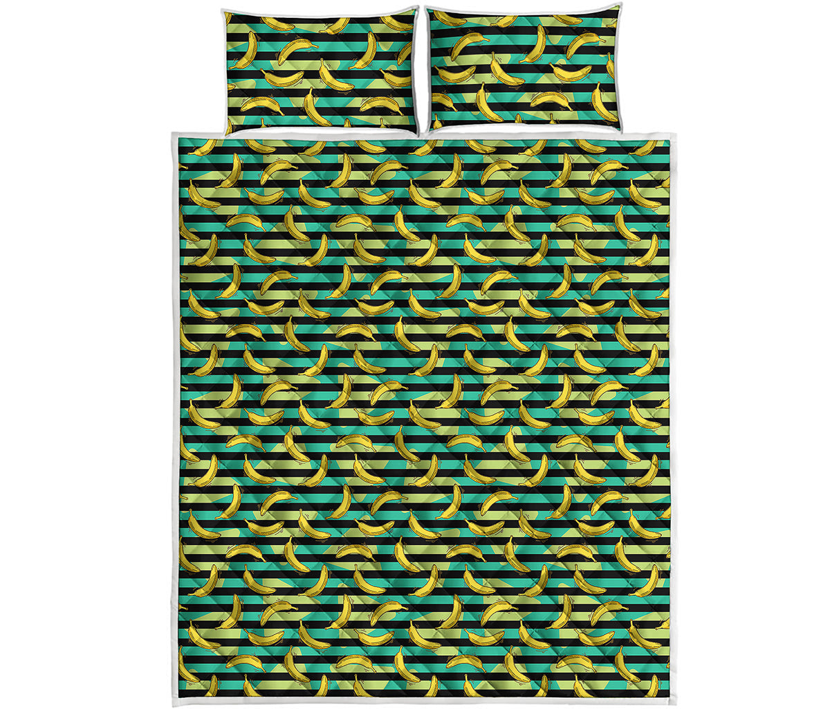 Teal Striped Banana Pattern Print Quilt Bed Set