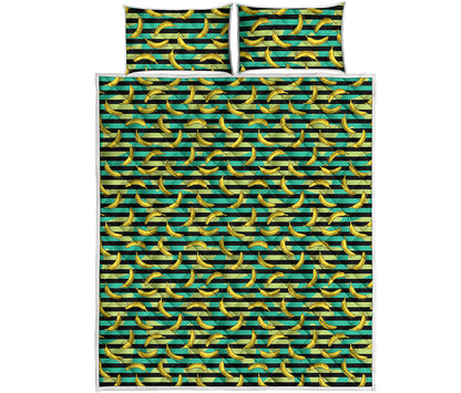 Teal Striped Banana Pattern Print Quilt Bed Set