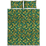 Teal Striped Banana Pattern Print Quilt Bed Set