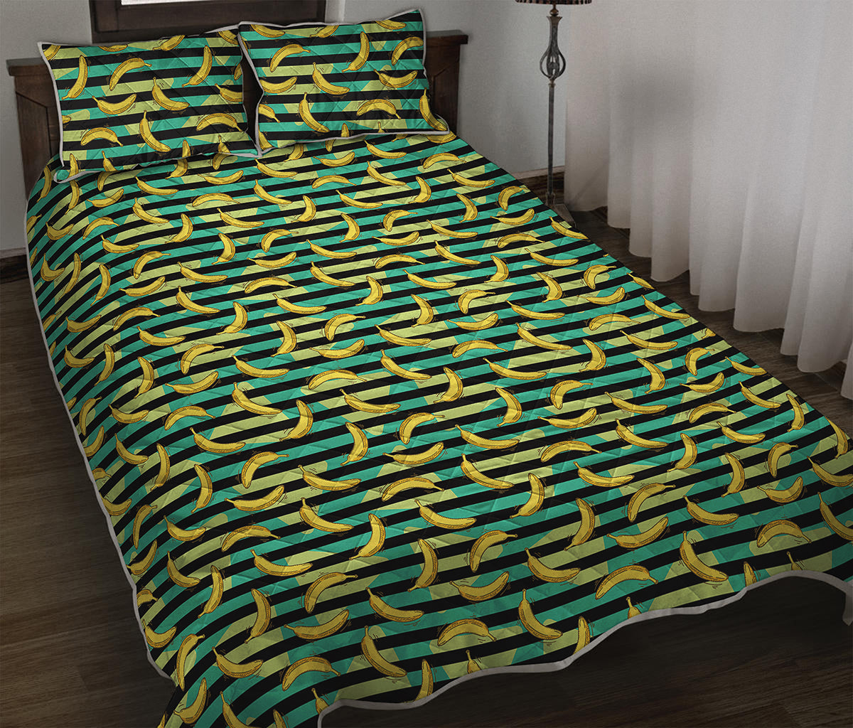 Teal Striped Banana Pattern Print Quilt Bed Set