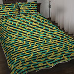 Teal Striped Banana Pattern Print Quilt Bed Set