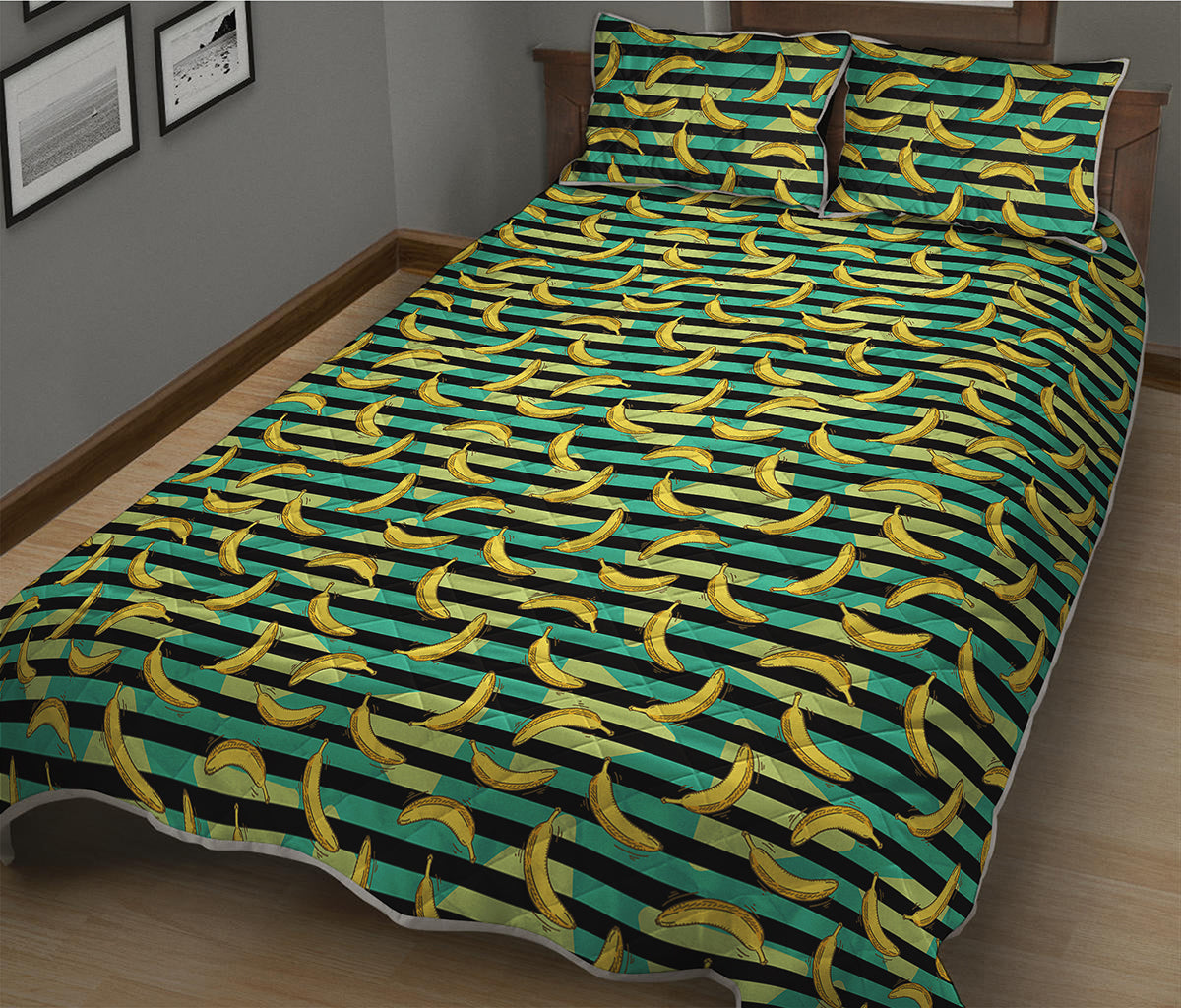 Teal Striped Banana Pattern Print Quilt Bed Set